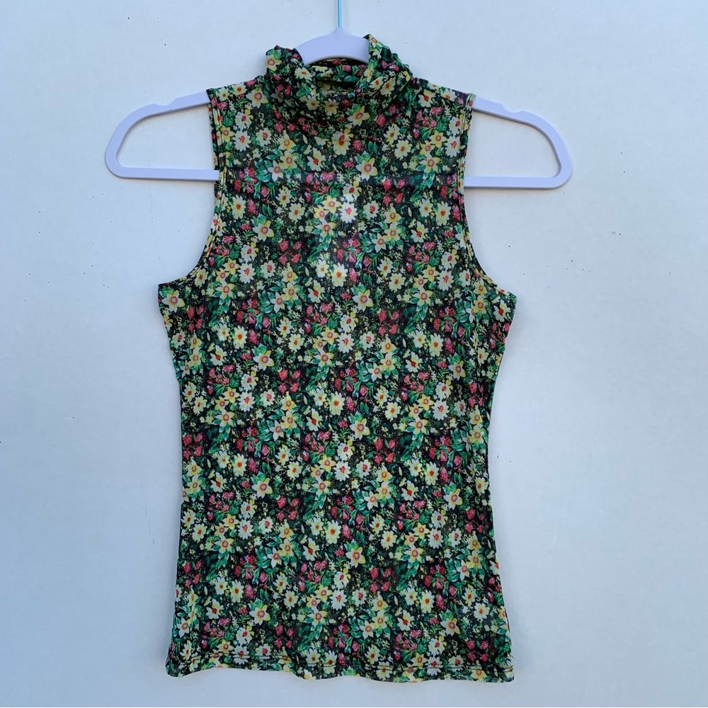AFRM Women’s Mesh Sleeveless Turtleneck Tank Top Green Garden Size XS